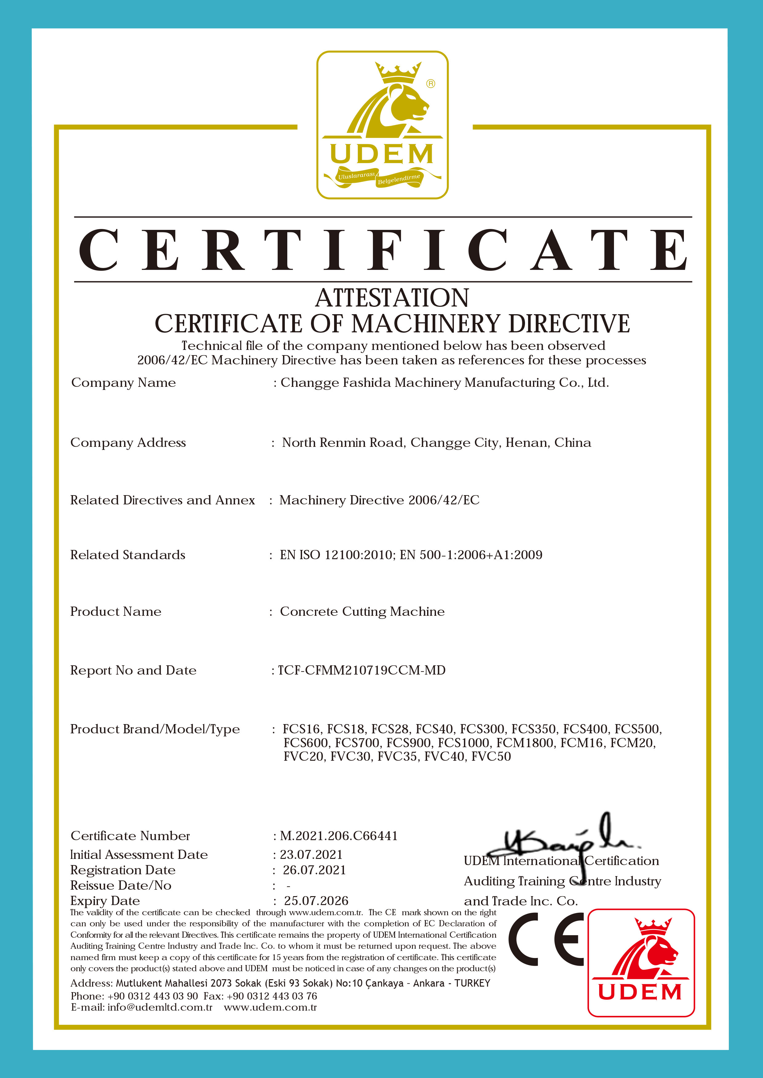Certificate Fasta Concrete Machine